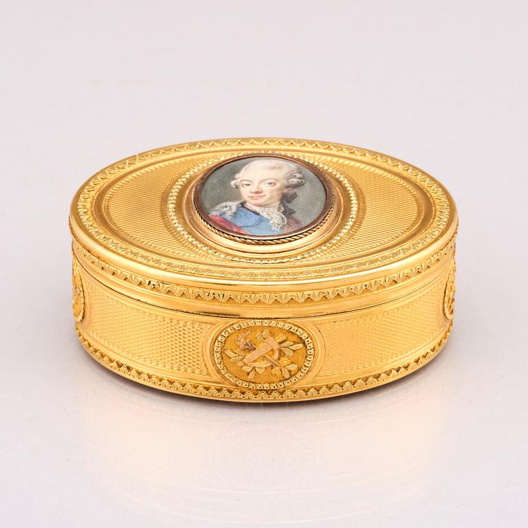 A Royal presentation gold box by Matthieu Philippe, Paris 1776-77, miniature of Gustaf III by Johan Georg Henrichsen.
