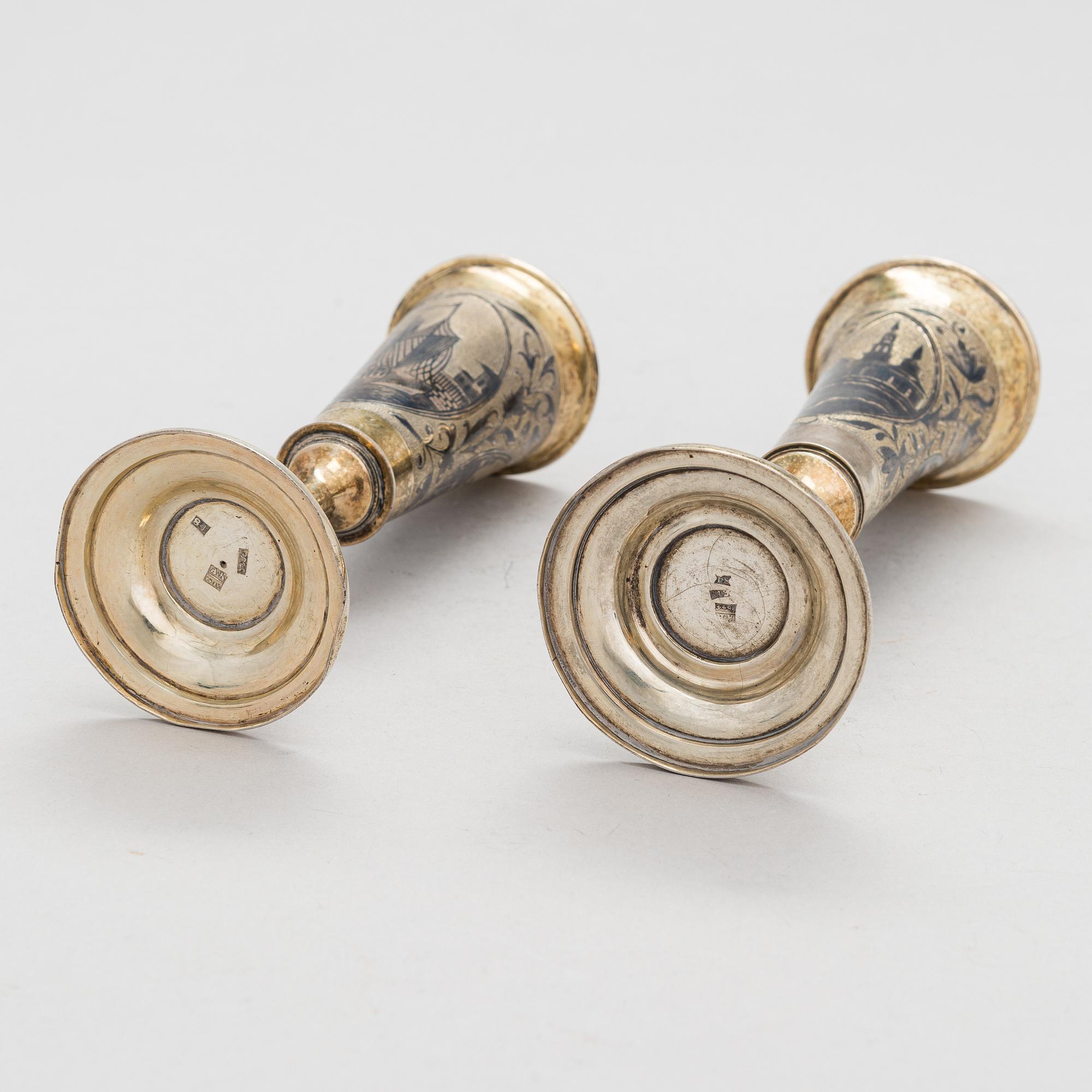 Two gilt silver and niello champagne flutes, Moscow 1842 and 1844. Unidentified maker's mark AK.