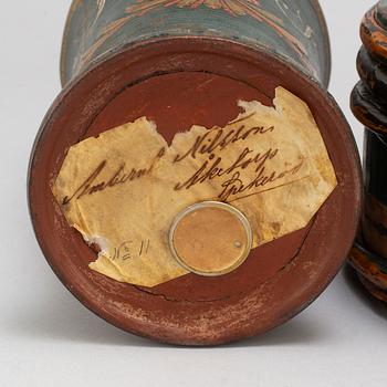 A Swedish wooden cup and bottle, late 18th / early 19th century.