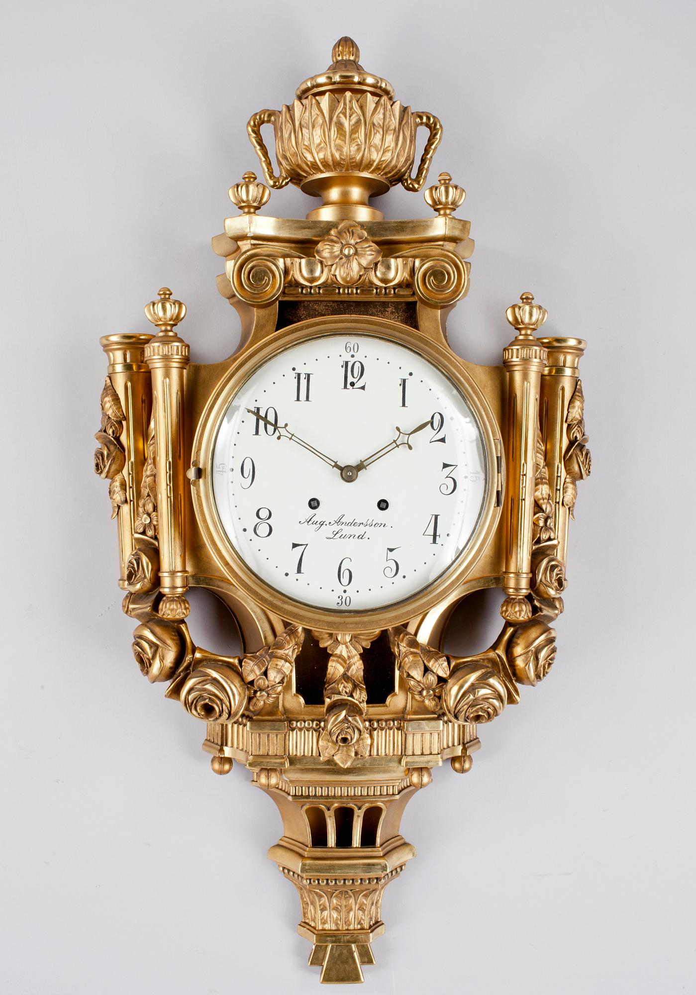 VÄGGPENDYL, gustaviansk stil, urtavla märkt Aug Andersson, Lund. 1900-talets första hälft.
