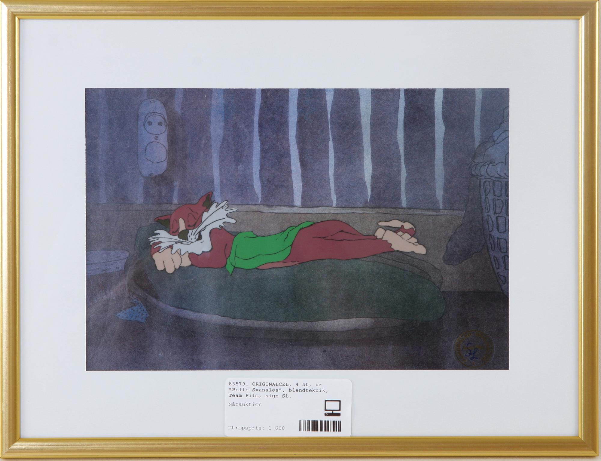 ORIGINALCEL, 4 st, ur "Pelle Svanslös", blandteknik, Team Film, sign SL.