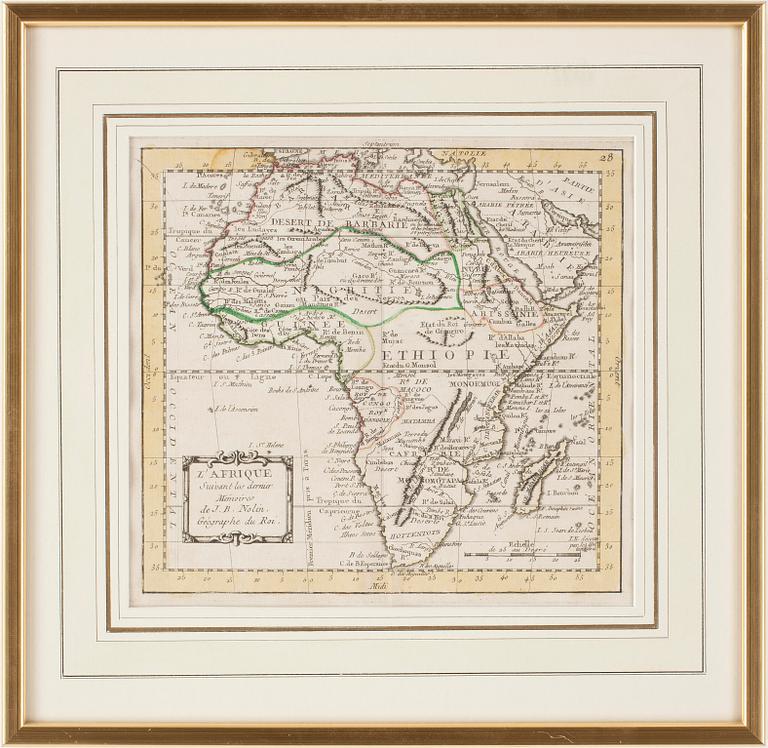 KARTOR, 2 st, kolorerade gravyrer, bla J B Nolin, 1700-tal.