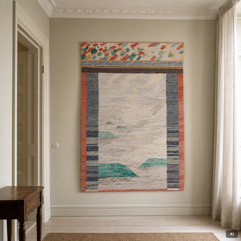 Susanne Henriques, vävnad, trasteknik, signerad SH -90, ca 163 x 118 cm.