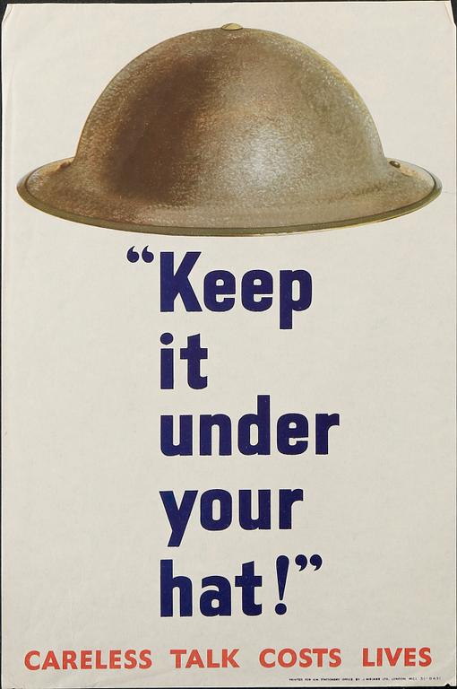 KRIGSAFFISCHER, 8 st, bla Keep it under your hat!, England 1940-tal.