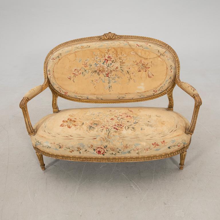 Sofa set, 3 pieces, Louis XVI style, circa 1900.