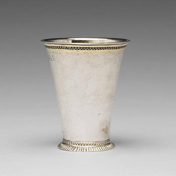 253. A Swedish 18th century parcel-gilt silver beaker, mark of Gottfried Dubois, Stockholm 1729.