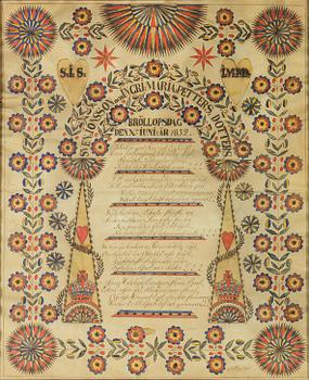 A set of three folk art commemorative paintings, 19th century.