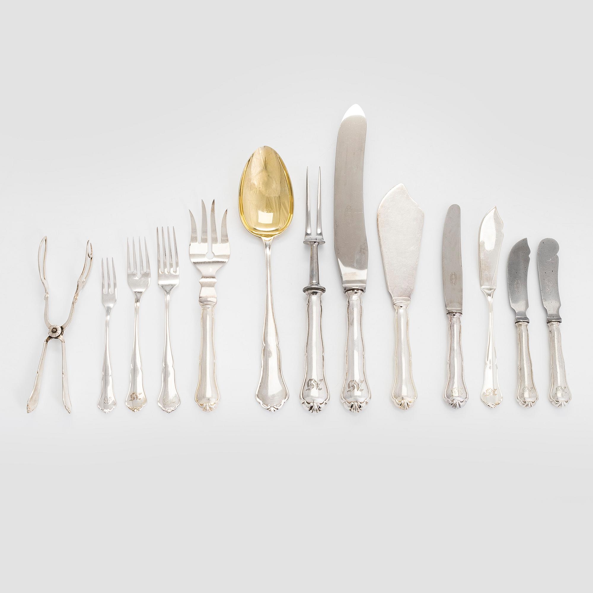 Bestickuppsättning, 78 delar, silver, "Chippendale", Kultakeskus Tavastehus 1955-1959.