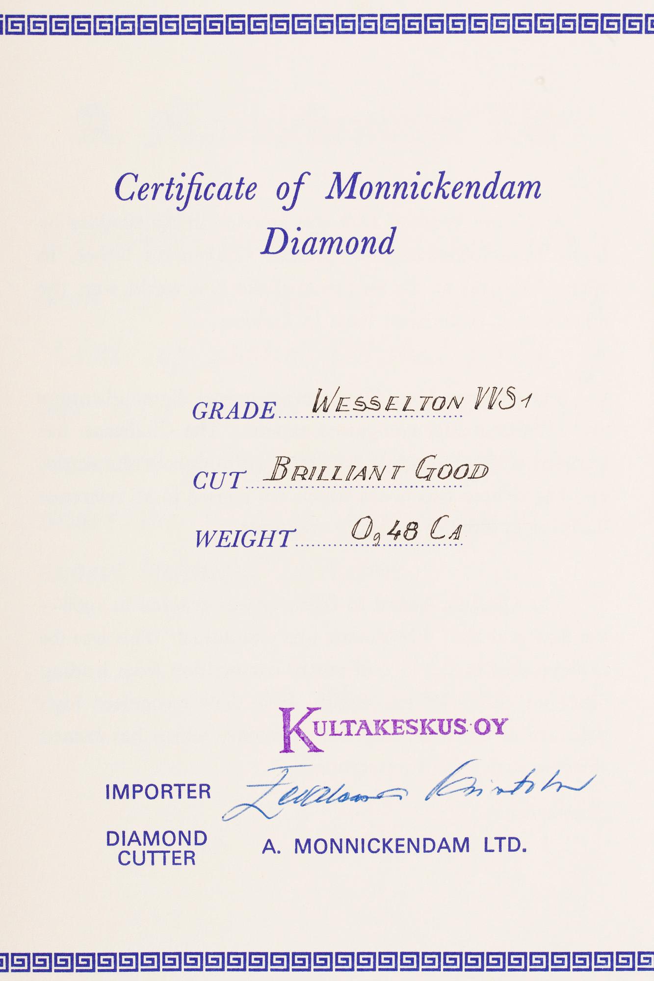 DIAMANT, briljantslipad 0,48 ct H (Wesselton) / VVS1.