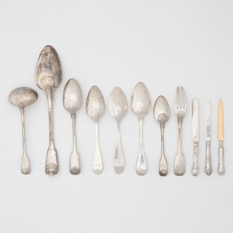 A set of 19 silver cutlery parts, including Gustaf Möllenborg, Stockholm 1888.
