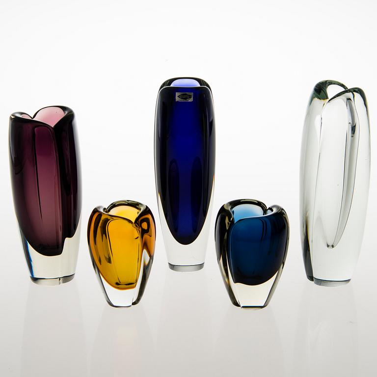 KAJ FRANCK, five 'Usva' glass vases, signed K. Franck, Nuutajärvi Notsjö 1950-60:s.
