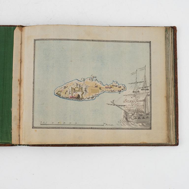 Album från 1746 med 22 akvareller över fästningar, gåva av Gabriel Cronstedt till tronföljaren Adolf Fredrik.