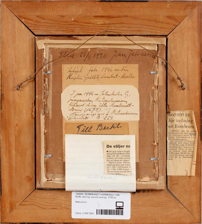 REMBRANDT HARMENSZ VAN RIJN, etsning, senare avdrag, 1700-tal.