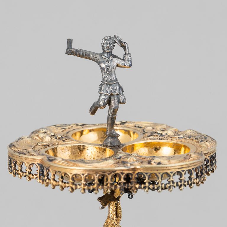 A German parcel-gilt saltcellar/spice rack, makers mark Paulus Braunacker, Nurnberg, probably mid 17th Century.