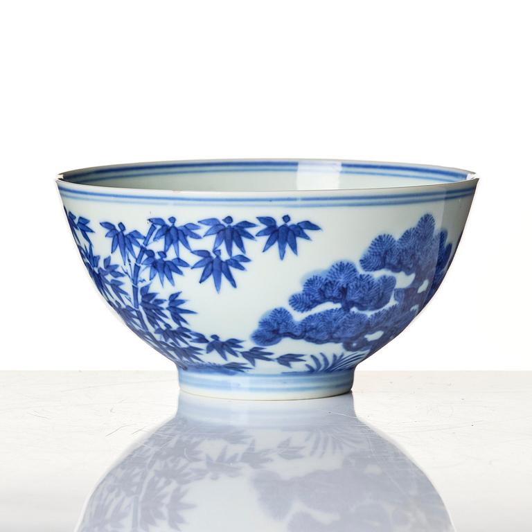 A blue and white 'three friends of winter' bowl, Qing dynasty, Guangxu mark and of the period (1875-1908).