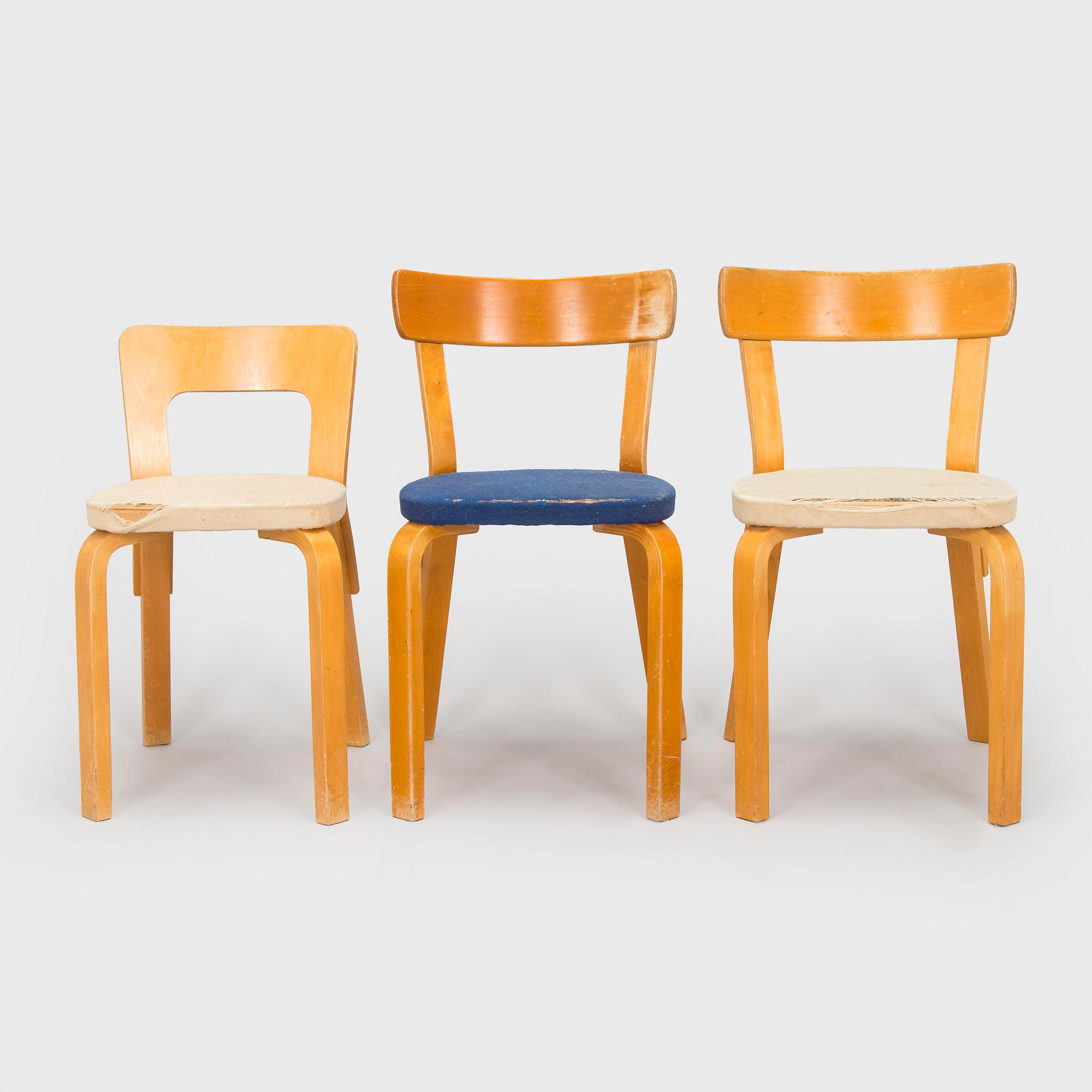 Alvar Aalto, tuoleja 2 kpl,  malli 69 sekä tuoli malli A 65, O.Y. Huonekalu- ja Rakennustyötehdas A.B. 1950-luvun alku.