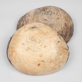 Four wooden bowls and two plates, Sweden, 19th/20th century.