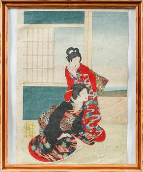 Five Japanese woodblock prints, including Chikanobu, 19 / early 20th century.