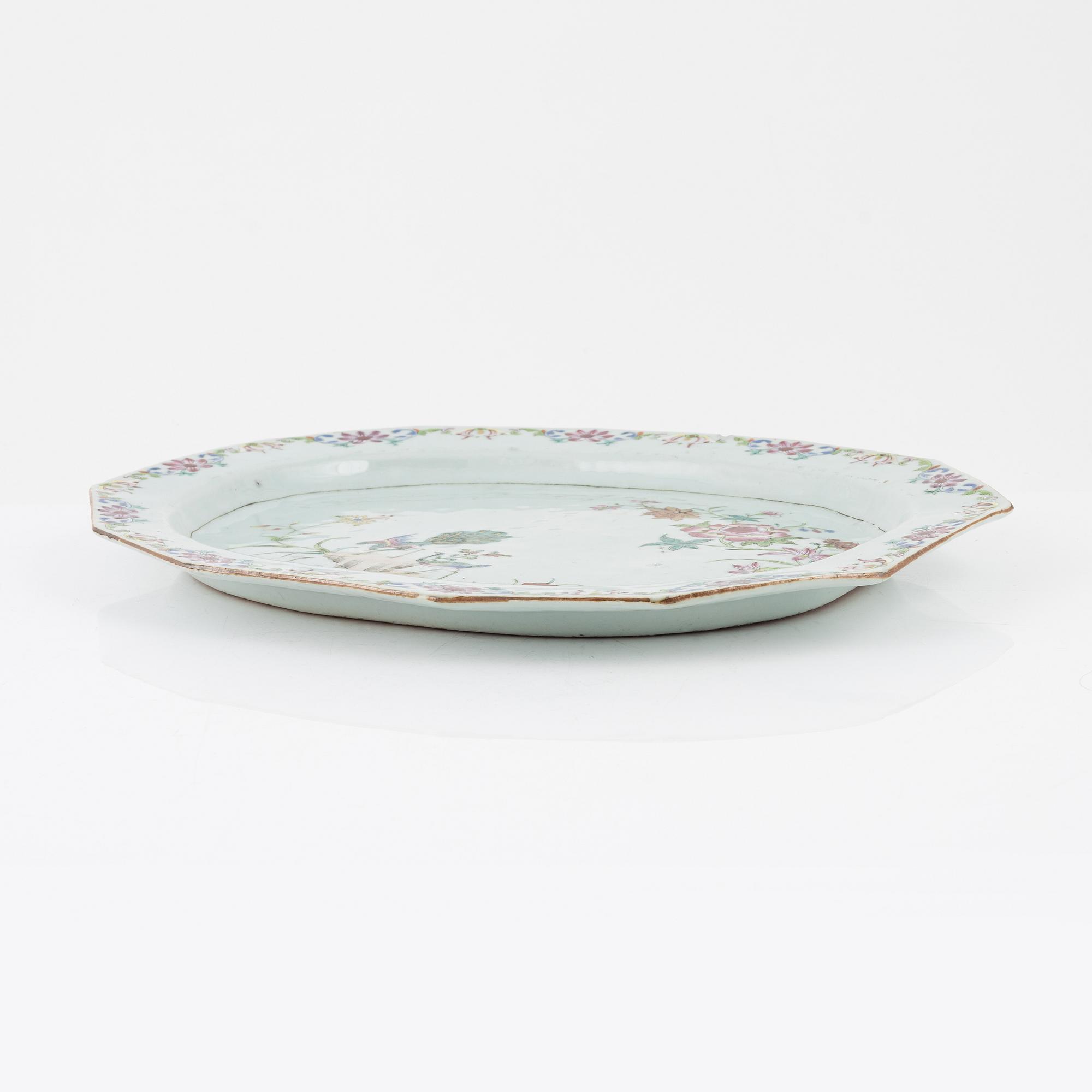 A Chinese famille rose 'double peacock' dish, Qing dynasty, Qianlong (1736-95).