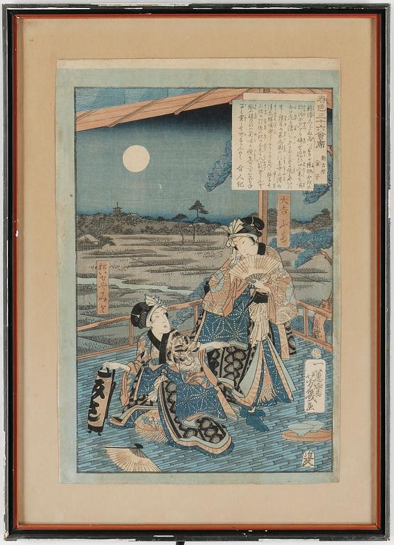 UTAGAWA YOSHIIKU, träsnitt, signerad Ikkeisai Yoshiiku Japan, sent 1800-tal.