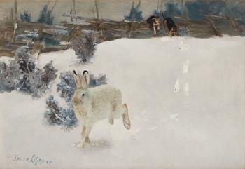 Bruno Liljefors, Winter landscape with hare and hounds.