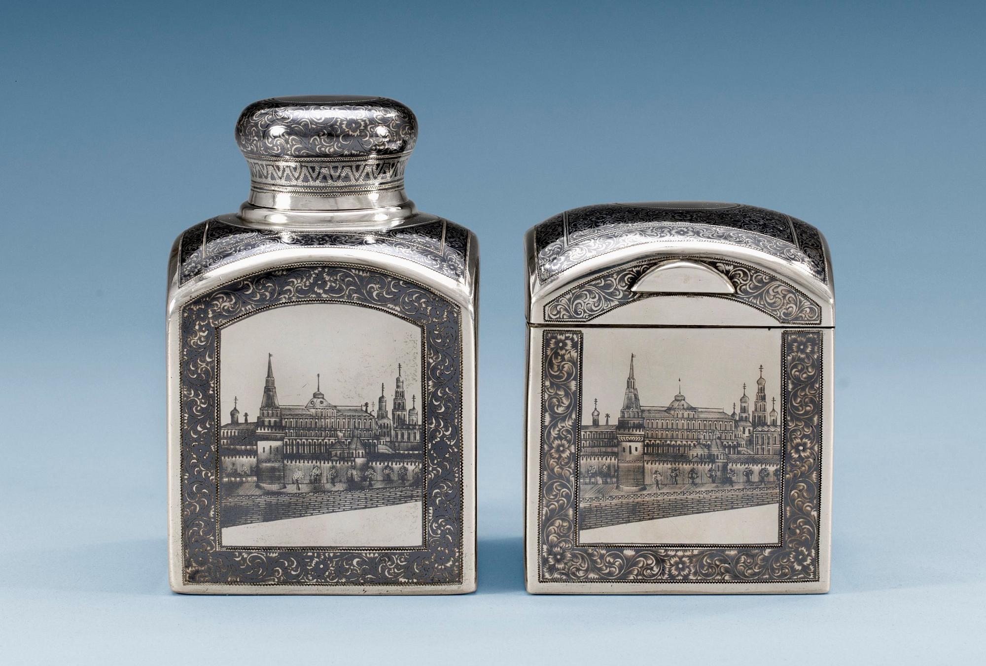 A SET OF RUSSIAN SILVER AND NIELLO TEA-CADDY AND SUGAR-BOX, makers mark of Pavel Ameriantiyev, Moscow 1899-1908.
