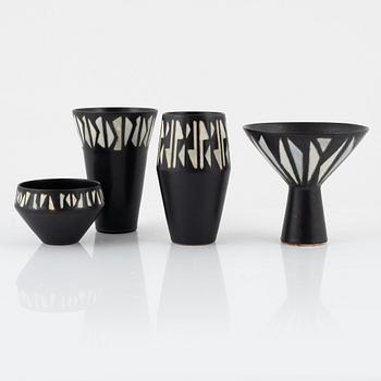 Carl-Harry Stålhane, four 'Unika' vases and bowls, stoneware, Rörstrand, Sweden, 1957.