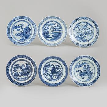 Three blue and white export porcelain plates and three deep plates, Qing dynasty, Qianlong (1736-985) and one 19th C.