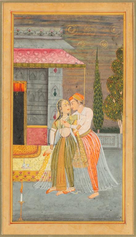 Unidentified artist, Pair in palace setting, India, 20th century.