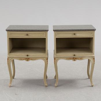 A mid 20th century Rococo style dressing table, a pair of bedside tables and one stool.
