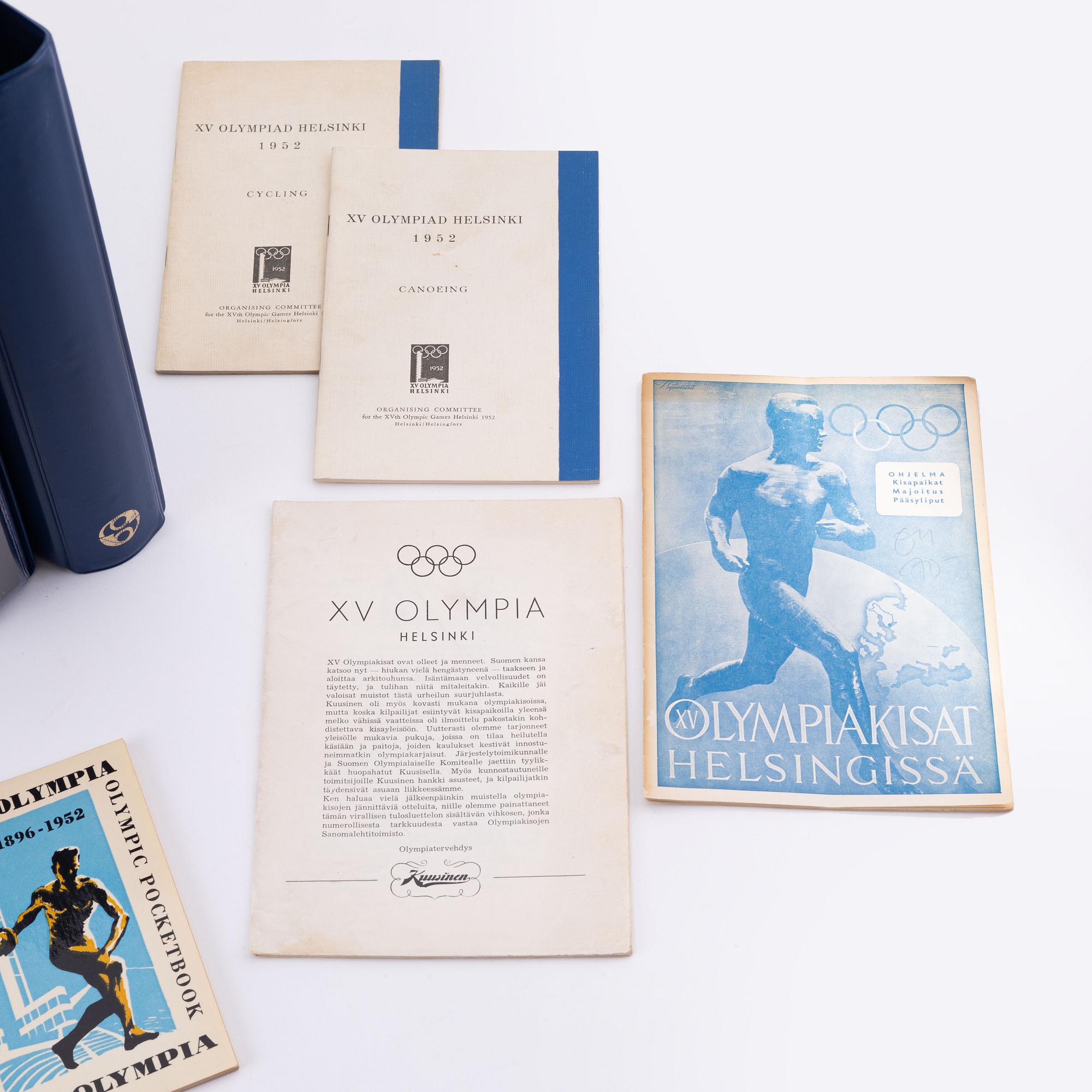 Olympic memorabilia: tickets, stamps, and cards.