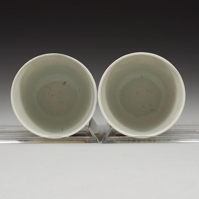 A pair of famille rose rooster cups, China, second half of the 20th century, sealmark in red.