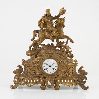 A brass mantle clock from around the year 1900.