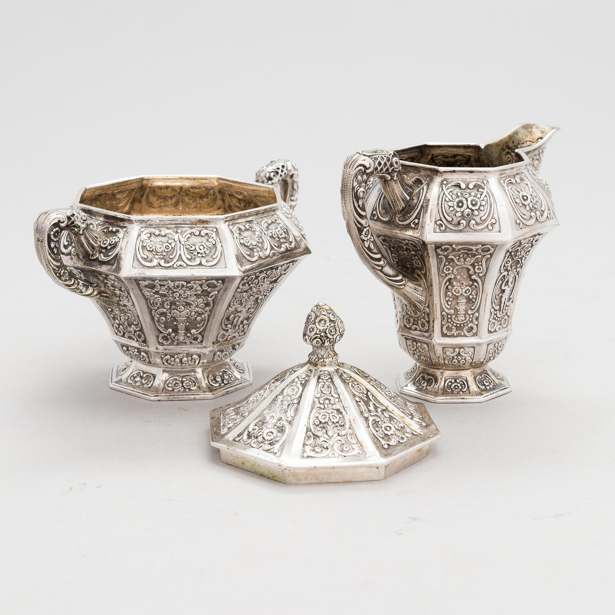 Te- och kaffeservis, 4 delar, silver, Tyskland 1900-talets första hälft.