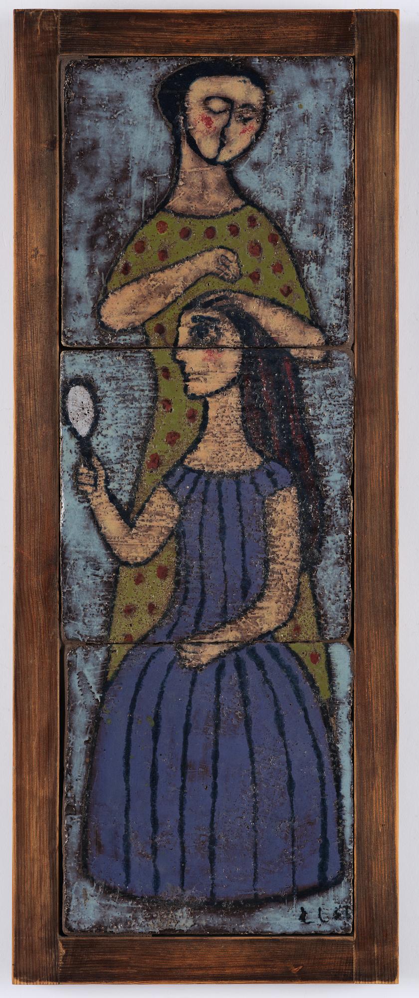 Lisa Larson, triptyk, glaserad keramik, sannolikt utförd 1950-54 under studietiden på Slöjdföreningens skola, Göteborg.