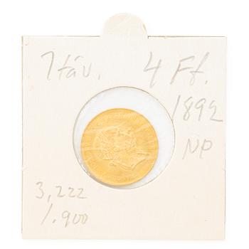 Gold coin, Austria, 4 Florins 10 Francs, 1892.