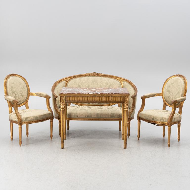 Soffa, 2 karmstolar, bord, gustaviansk stil, 1900-tal.
