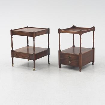 Two similar mahogany bedside tables, England, mid/second half of the 20th century.