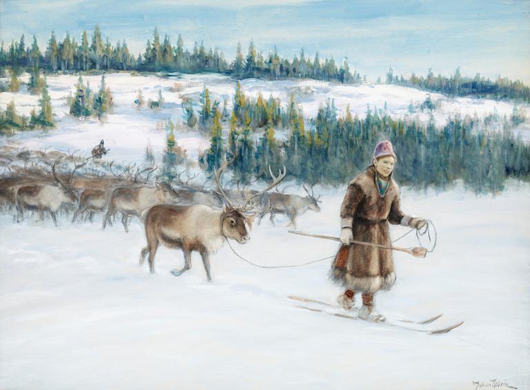 Johan Tirén, Winter landscape with laplanders and reindeer.