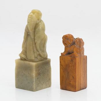 Two pieces of carved agalmatolite, sculpture and seal,one with stamp. China, mid-20th century.