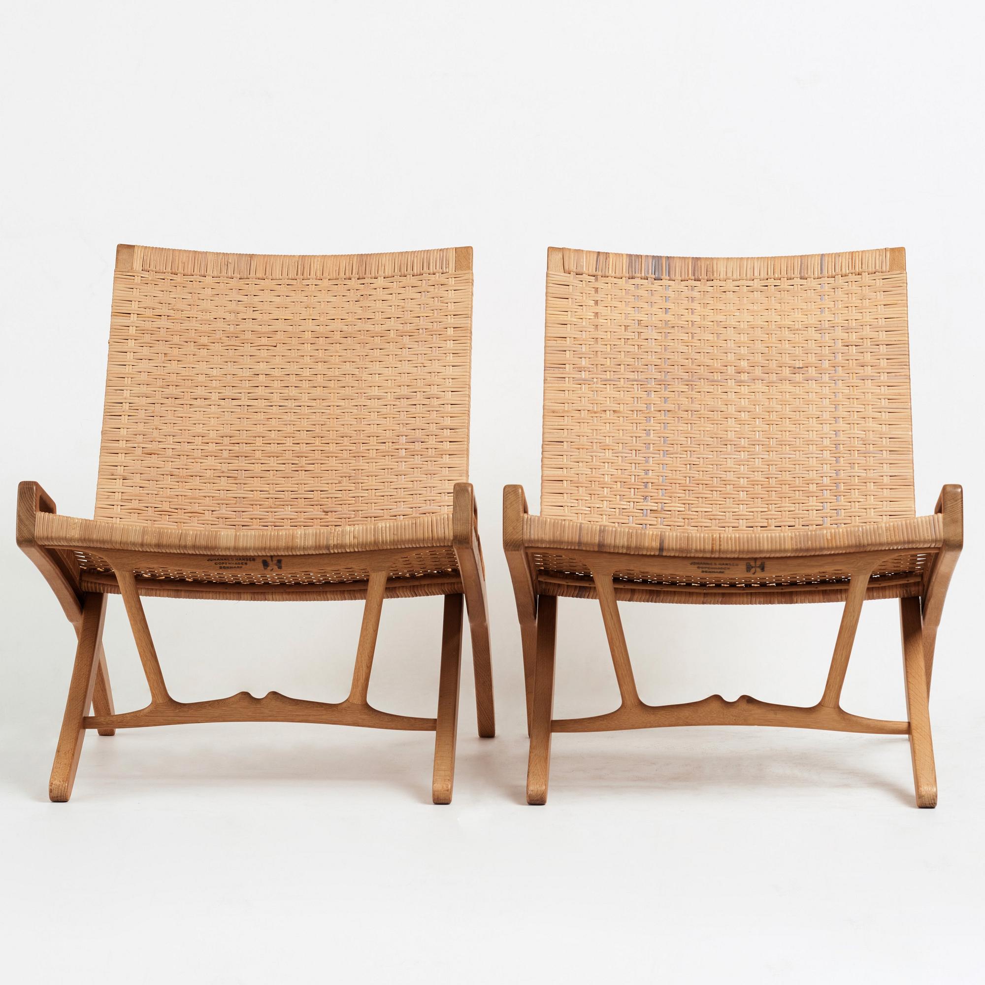 Hans J. Wegner, a pair oak and rattan "model 512" folding chairs by Johannes Hansen, Denmark 1950-60's.
