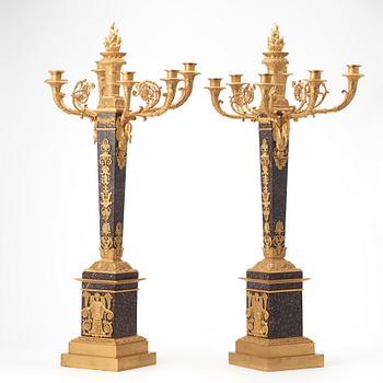 A pair of Empire style circa 1900 six-light candelabra.