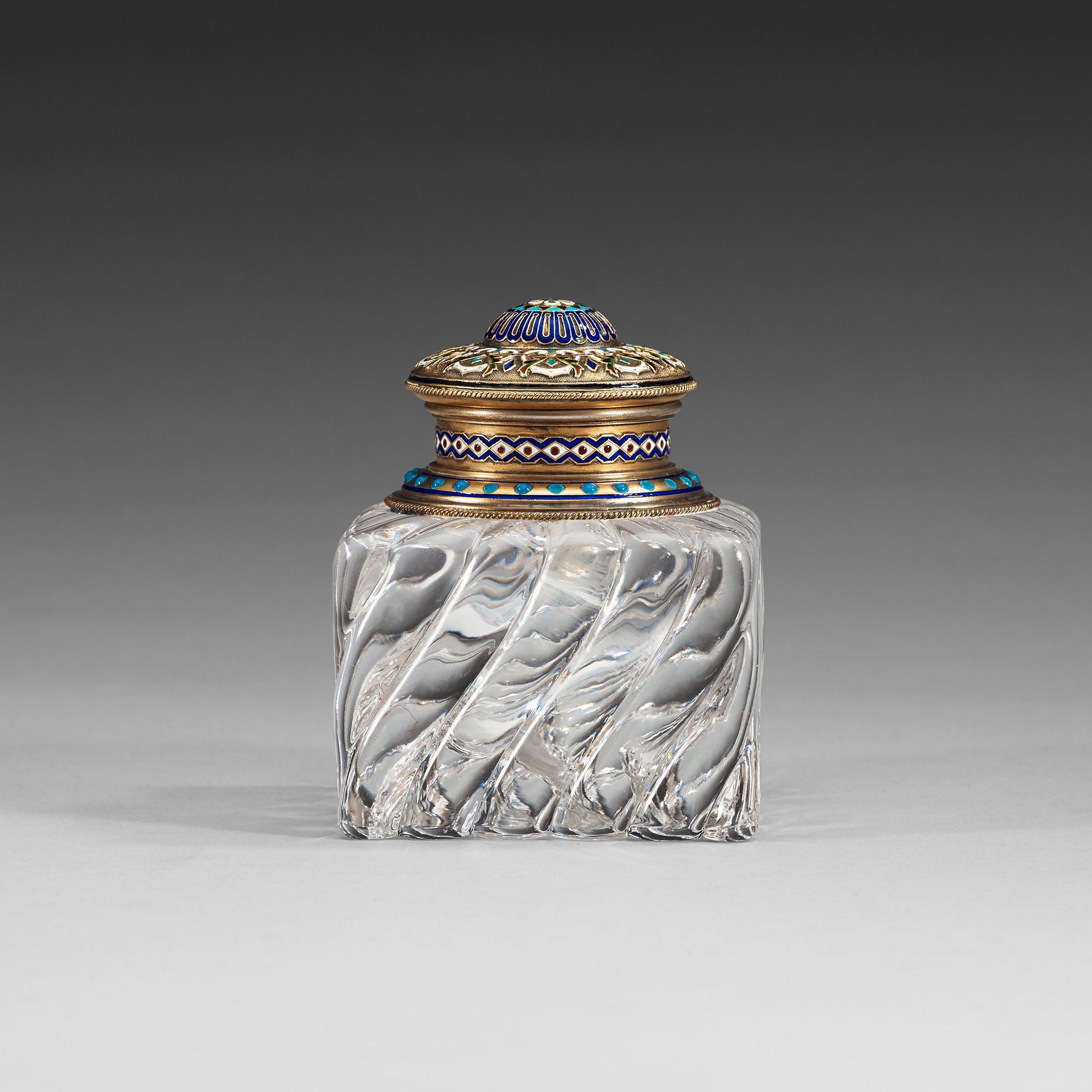 A Russian late 19th century silver-gilt, enamel and glass ink-stand.