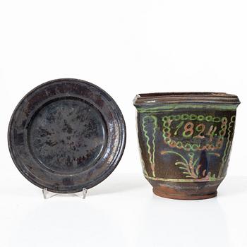 Stoneware planter and stand, dated 1824.