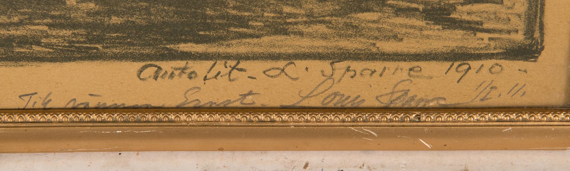 Louis Sparre, partly handcoloured litograph, signed and dated 1910. Dedication.