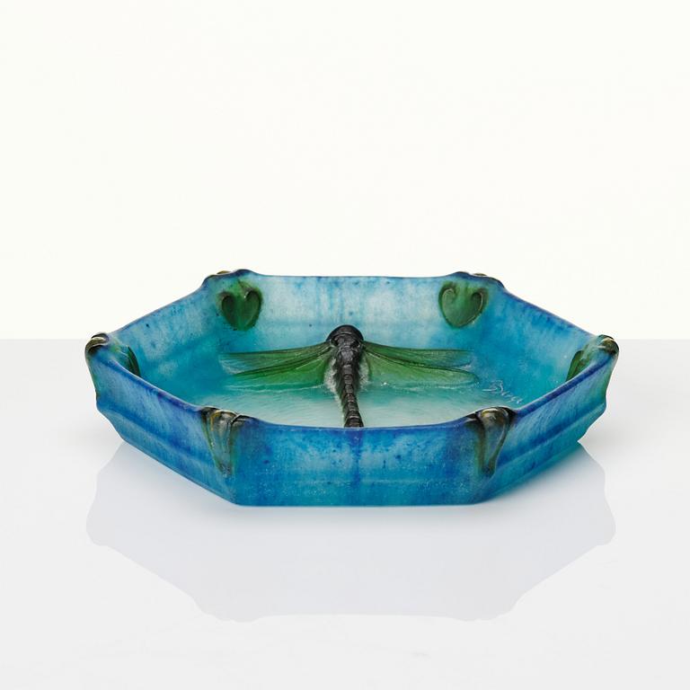 Amalric Walter & Henri Bergé, a pâte de verre dish with a dragonfly, Nancy France 1920s.