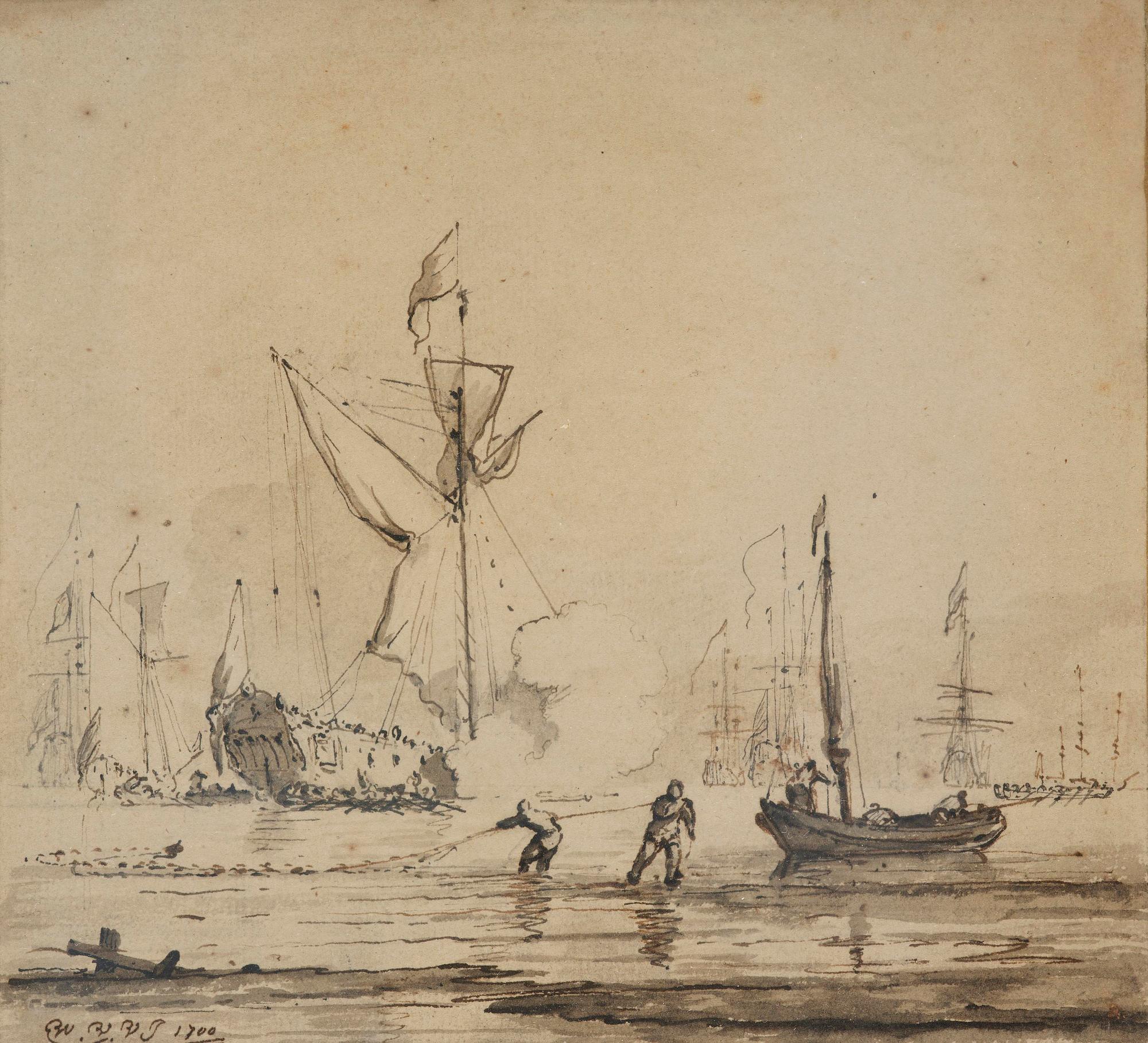 Willem van de Velde, attributed to, Coastal scene with fishermen and warships.