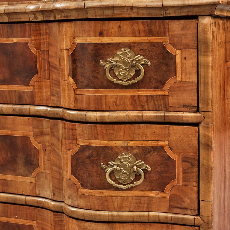 A South German late Baroque walnut and burr-walnut writing cabinet, first part of the 18th century.