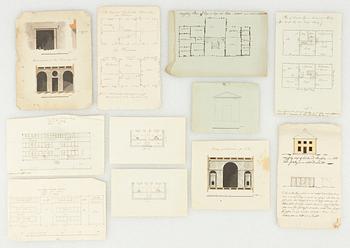 Ritningar till fasader, planer och inredningar, 11 st, 17/1800-tal. Bl a "Skjärning af Sängkammaren".