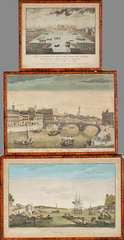 GRAFISKA BLAD, 3 st, handkolorerade, 1700/1800.